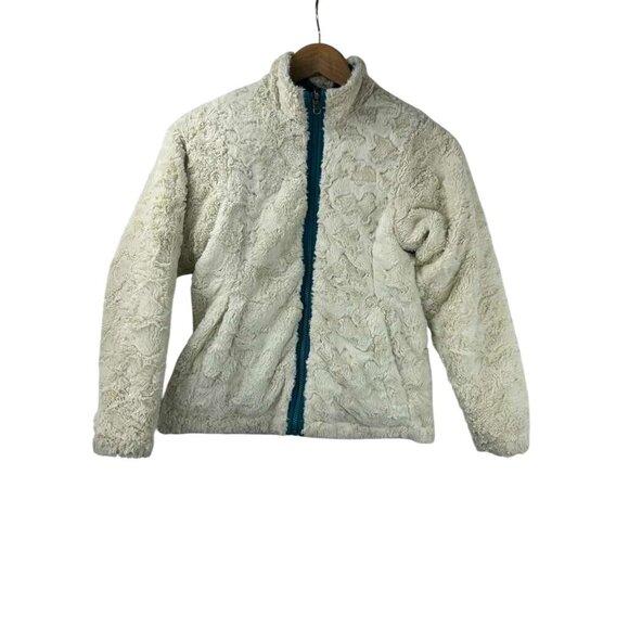 The North Face Reversible Girls Medium Teal Jacket Puffer Fuzzy Fleece Full Zip - Picture 10 of 16